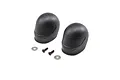 Two black miniature RC driver helmets with two small metal screws and two washers on a white background.