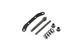 A set of black metal RC steering hardware components including a curved plate, threaded shaft, pin, coil spring, and two bushings on a white background.