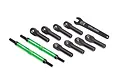 A set of Traxxas green aluminium turnbuckles with black plastic rod ends and a black adjustment wrench on a white background.