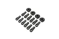 A set of 12 black plastic RC shock rod ends and spring cups arranged on a white background.