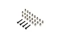 A set of silver metal pivot balls and four black screws arranged on a white background.