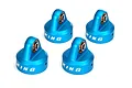 Four blue anodized aluminum shock caps for RC vehicles, each featuring the KING logo printed on the side.