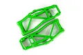 Two bright green Traxxas WideMaxx lower suspension arms for RC cars, shown from a top-down perspective against a white background.
