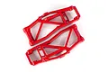 A pair of red Traxxas WideMaxx lower suspension arms for RC vehicles, shown from a top-down perspective against a white background.