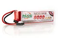 NXE Power 9000mAh 50C LiPo battery pack with red casing and black and red wiring, shown on a white background with reflection.