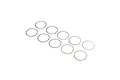 Ten thin, circular metal differential shims arranged in a grid pattern on a white background.
