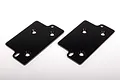 Two black metal servo mounting plates for Axial RC vehicles, shown side-by-side on a white background.