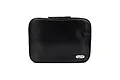 A black Yeah Racing transmitter bag with a carbon fiber-style textured finish and a silver logo badge on the front.