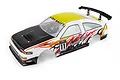 HSP 1/10 scale pre-painted RC drift car body shell with white, yellow, and carbon fiber pattern, featuring racing decals and a rear spoiler.