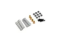 A set of RC shock replacement parts including springs, brass spacers, black O-rings, and small screws on a white background.