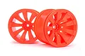 Two bright orange RC car rims with a multi-spoke design against a white background.