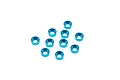 A collection of ten blue anodized aluminium M3 countersunk washers arranged on a white background.