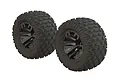 Two ARRMA dBoots Fortress MT RC monster truck wheels with gunmetal split-spoke rims and aggressive block tread tyres against a white background.