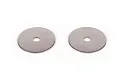 Two circular metal slipper plate washers with a small D-shaped center hole, isolated on a white background.