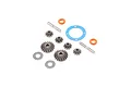 Losi Baja Rey open rear differential gear set including metal bevel gears, shafts, washers, O-rings, and a blue gasket on a white background.