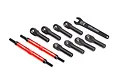 Traxxas red aluminium adjustable turnbuckles and black plastic rod ends with a wrench on a white background.