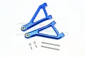 A pair of blue anodized aluminium front upper suspension arms for an RC car, including two metal pins, two small screws, and two washers.