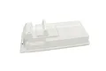 An unpainted, clear plastic under-body shell for the Kyosho 1/12 Blizzard 2.0 RC snow groomer, shown from a high-angle perspective.