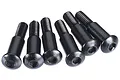 Six black metal button head shoulder screws with hex drive heads arranged in a row on a white background.