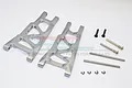 GPM Racing grey aluminium rear lower suspension arms for RC cars, including metal pins, screws, and e-clips on a white background.