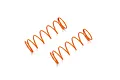 Two orange Kyosho RC shock springs lying on a white background.