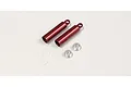 Two red anodized aluminum rear shock cases with two silver metal collars and four small clear O-rings on a white background.