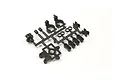 A black plastic parts tree containing various RC body mount components for the Kyosho Inferno MP9.