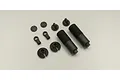 A set of black plastic RC shock absorber components including threaded shock bodies, pistons, rod ends, and spring retainers on a white background.