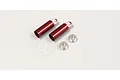 Two red anodized aluminum shock bodies with silver caps and four clear plastic O-rings for Kyosho Optima RC buggy.