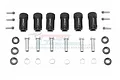 GPM Racing black aluminium 23mm wheel hex adapters for TRX6 RC cars, including pins, screws, and washers on a white background.