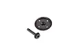 A black metal pinion gear and a matching ring gear for an RC vehicle drivetrain, isolated on a white background.