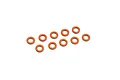 Ten small orange rubber O-rings arranged in a loose cluster on a white background.
