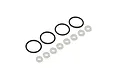 A set of four black rubber O-rings and eight translucent plastic washers arranged on a white background.
