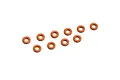 Ten small, orange rubber O-rings arranged on a plain white background.