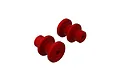 Two red anodized aluminium servo saver axles for ARRMA RC vehicles, shown from an angled perspective against a white background.