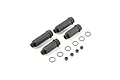 Four grey threaded shock bodies with small O-rings and spacers for Losi RC vehicles.