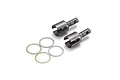 A set of two metal differential outdrives and four thin circular shims or washers on a white background.