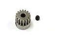 A Kyosho 16-tooth steel pinion gear and a small black grub screw isolated on a white background.