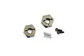 Two gunmetal grey aluminium clamping 12mm wheel hexes with two small metal pins and two black socket head screws on a white background.