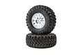 Two Losi Falken Wildpeak MT tyres mounted on silver Method short course wheels, stacked vertically against a white background.