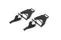 Two black plastic RC car front suspension arms still attached to their plastic molding trees on a white background.