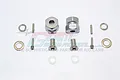 GPM Racing grey aluminium 12mm wheel hex adapters with 13mm extension, including pins, screws, and washers on a white background.
