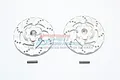 Two silver aluminium brake disc wheel hex adapters with two metal pins on a white background.