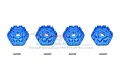 Four blue anodized aluminium 17mm wheel hex adapters with matching metal pins, arranged on a white background with a faint GPM Racing logo.