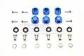 A set of GPM Racing blue aluminium 12mm wheel hex adapters with 9mm extension, including pins, screws, and washers on a white background.