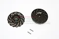 Two black GPM aluminium brake disc wheel hex adapters with +3mm offset and two small metal pins on a white background.