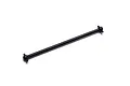 A black Kyosho center drive shaft for RC cars, featuring universal joints at both ends, isolated against a white background.