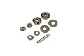 A set of Kyosho RC differential gear parts including bevel gears, washers, and a metal shaft on a white background.