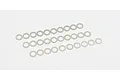 A set of 30 small, thin metal shims arranged in three rows of ten on a white background.