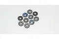 A collection of ten small, circular metal washers with a dark, iridescent finish arranged on a plain white background.